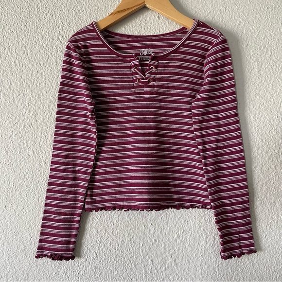 Justice Striped Top Girls 7 Maroon White Lettuce Edge Long Sleeve Shirt - Picture 1 of 7